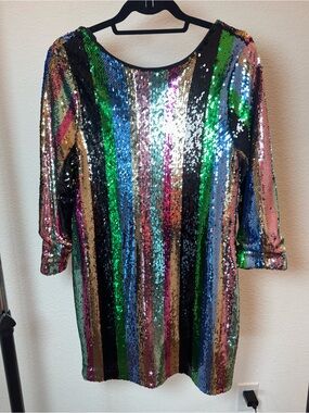 Sanctuary Rainbow Stripe Sequin Shift Dress | 3/4 Sleeve Party Cocktail Dress |
